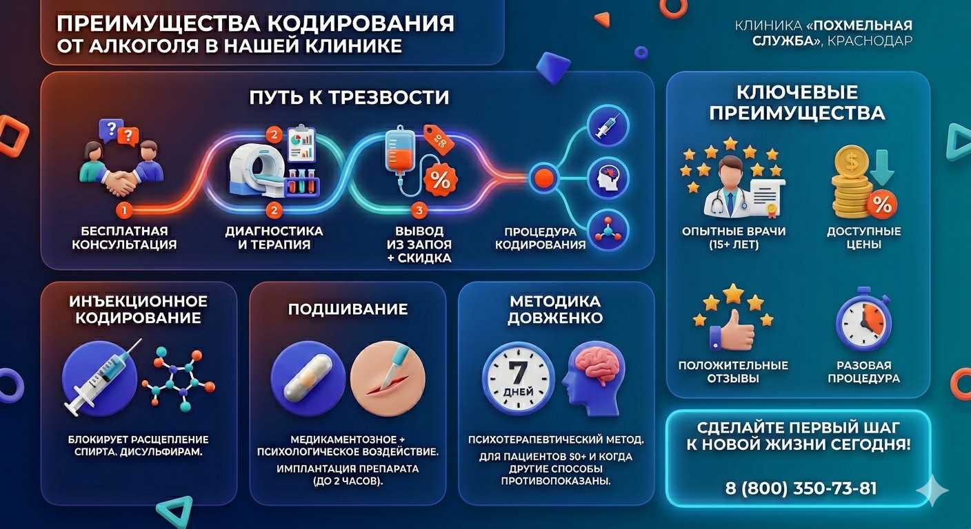 Инфографика о методах кодирования от алкоголя в Мончегорске: инъекции, подшивание, метод Довженко. Преимущества клиники и этапы лечения.